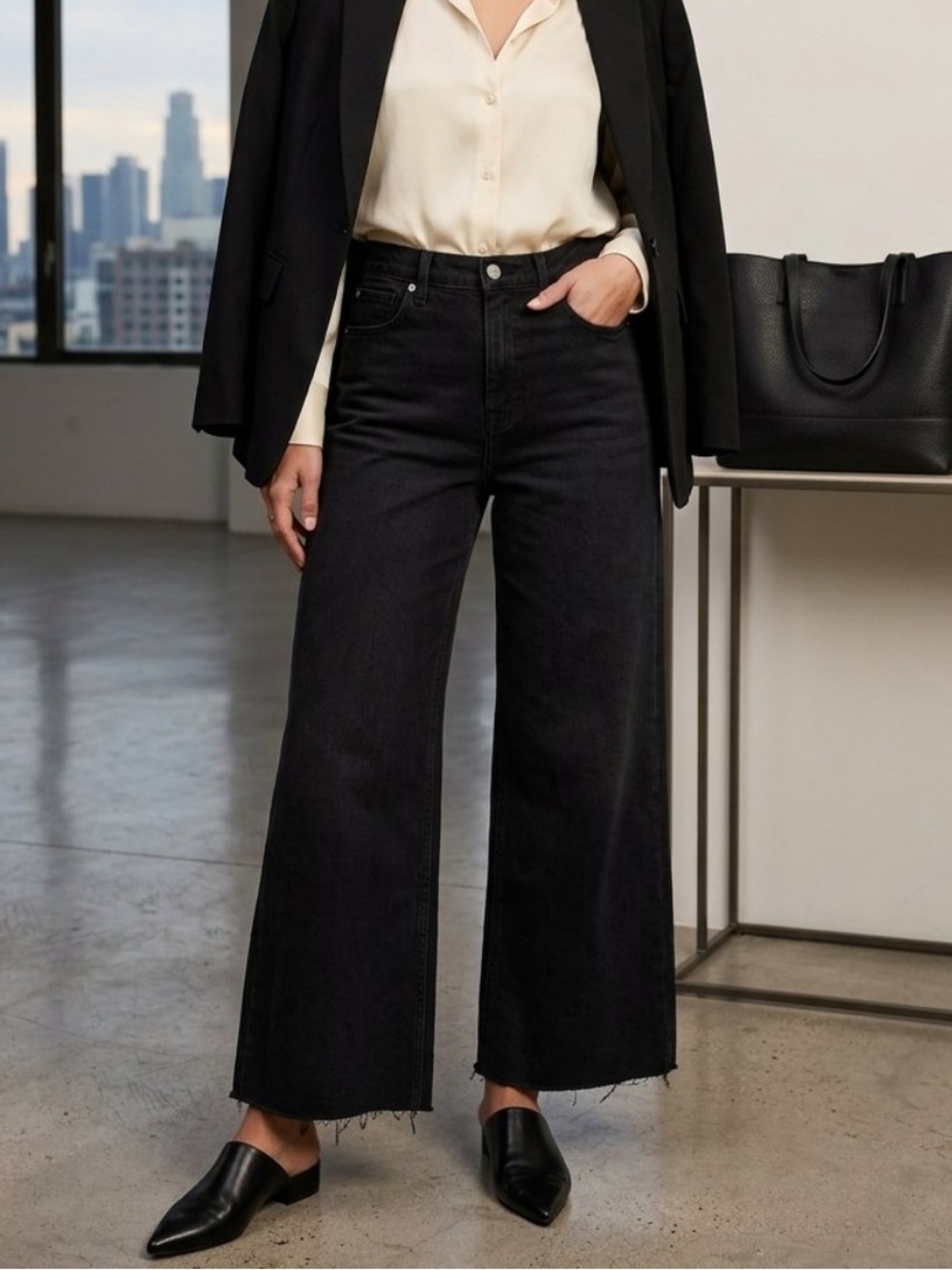 GAP Black High-Rise Wide-Leg Classic Jeans 100% Cotton Raw Hem